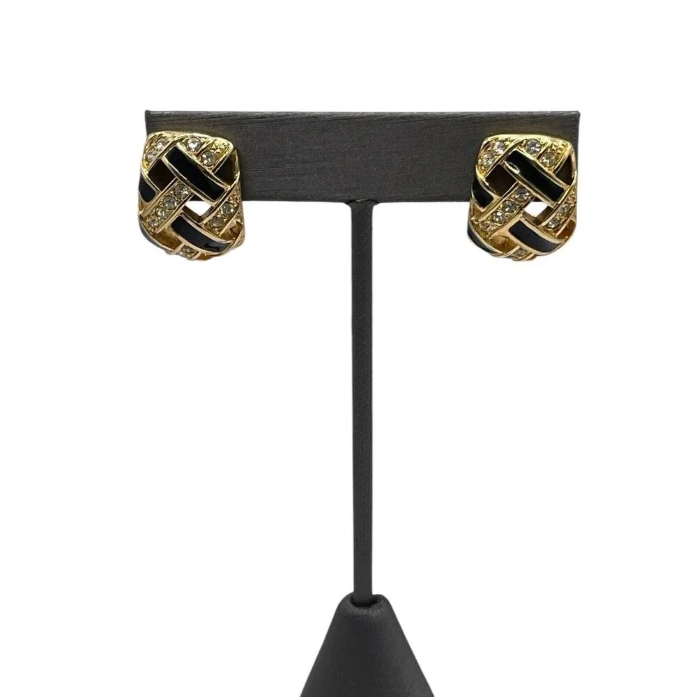 Pierced Earrings-Authentic‎ Swan Stamped Swarovski-Gold/Black-Rhinestone Weave